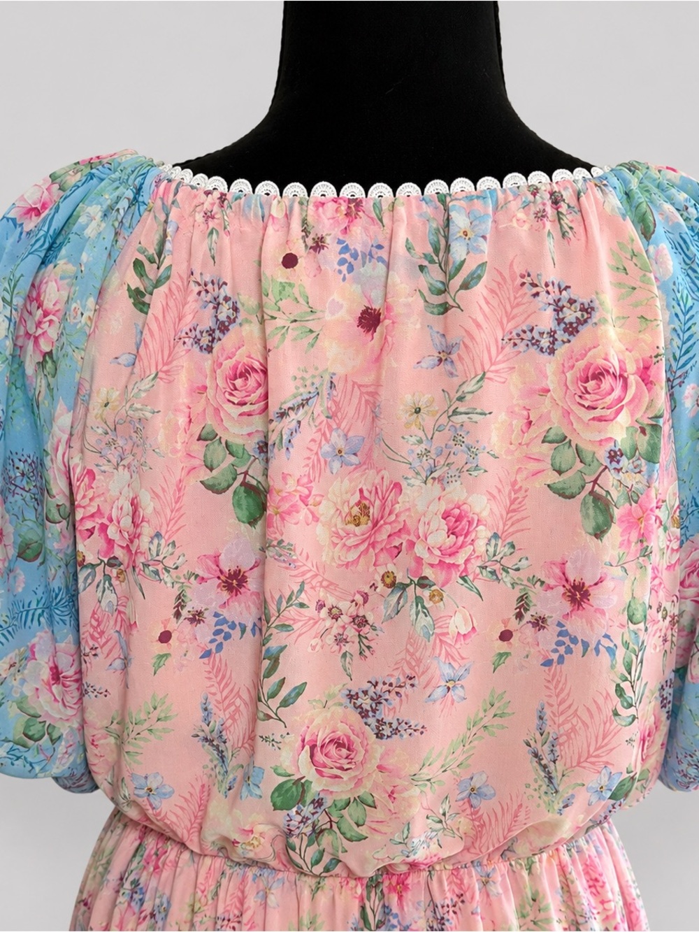 Lovecolette Floral Dress Sz L Pink Blue Cottagecore Puff Sleeve Coquette Mini - Picture 5 of 10